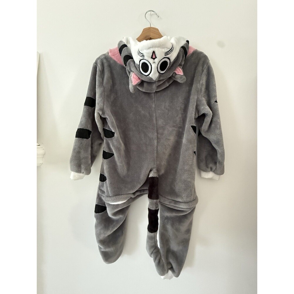Kids Gray Cat Costume Pajamas One Piece Hooded Halloween 3-6 Years